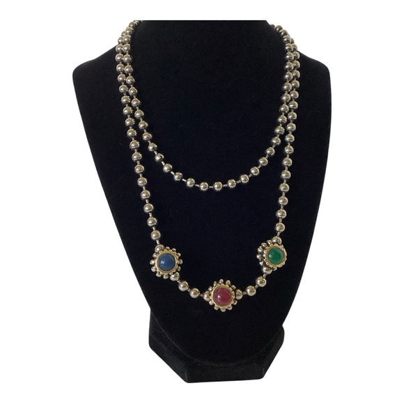 Gripoix Style Silver Tone Bead Ball Chain Multicolor 3 Ball Pendant 18" Necklace - Picture 9 of 16